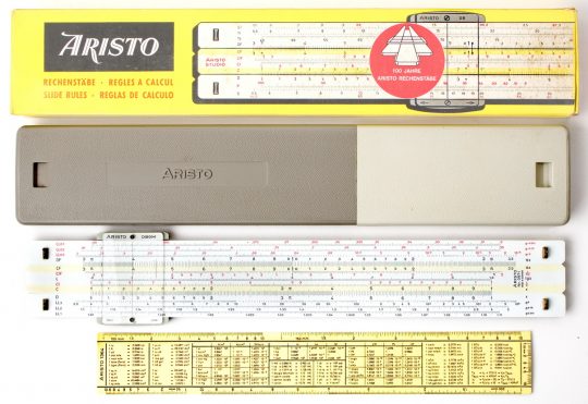 Aristo 0971 HyperboLog Full Size Slide Rule w/Box, Case, Manual, Support Rule, & Stands (NIB / mint)