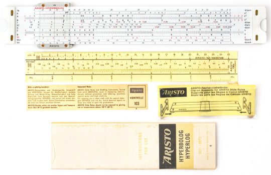 Aristo 0971 HyperboLog Full Size Slide Rule w/Box, Case, Manual, Support Rule, & Stands (NIB / mint)