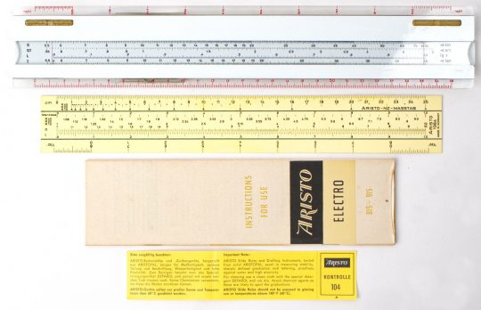 Aristo Elektro 915 Full Size Slide Rule w/Box, Case, Support Rule, Manual, & Stands (NIB)