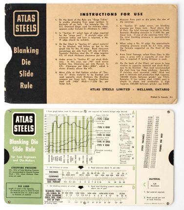 Atlas Steels Blanking Die Slide Rule