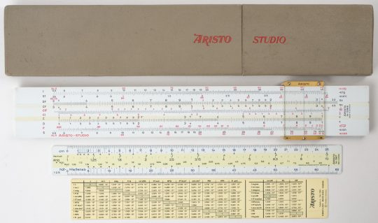 Aristo Studio 0968 Full Size Slide Rule w/Case, Support Rule, & reference Rule (NIB/mint)